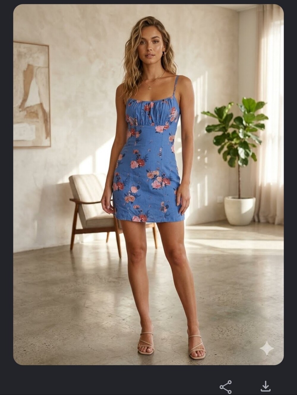 Blue Floral Spaghetti-Strap Mini Dress with Ruched Bodice